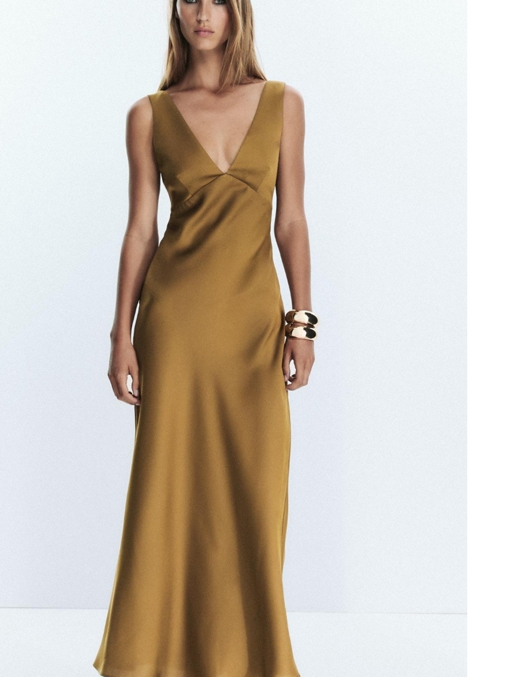 Zara Satin V-Neck Maxi Dress in Mustard Gold